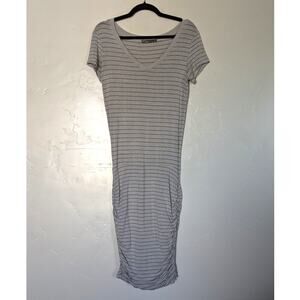 prAna Dress Womens Size Small‎ Jersey Stretch Striped Gray Black Ruched Modal
